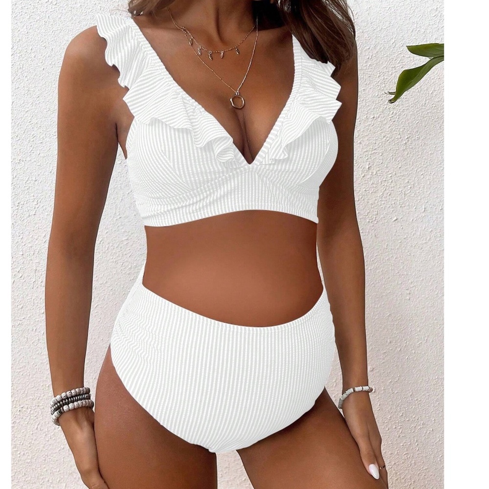 Maternity Striped Ruffle High Waisted Swimsuit 2 piece  Bikini - Picture 3 of 7
